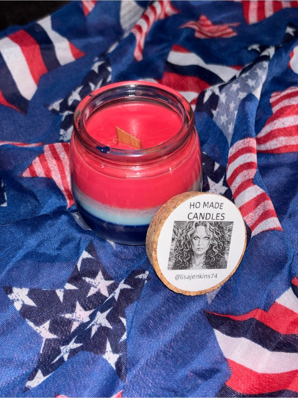 HO MADE Patriotic Apple Pie Scented Red, White & Blue Layered Jar Candle - Picture 2 of 3